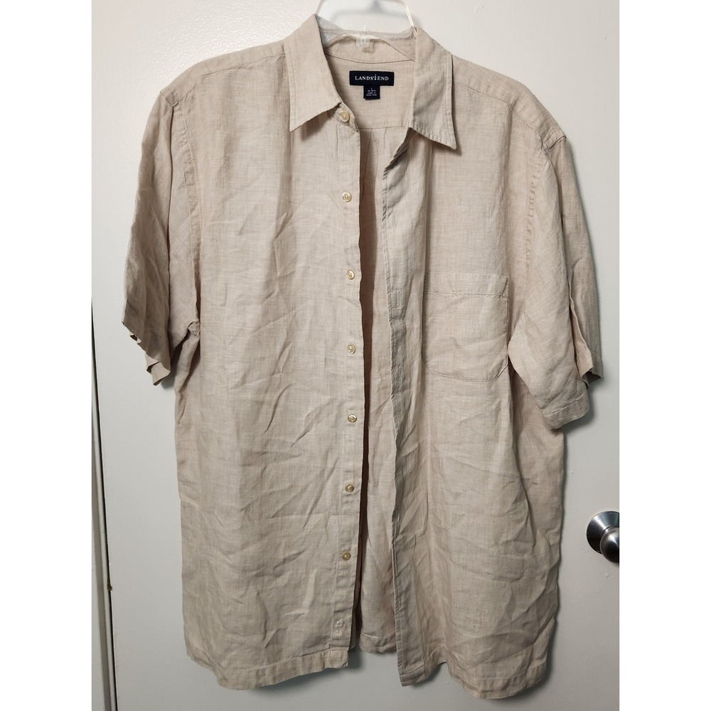 Lands' End 100% Linen Beige Short Sleeve Button Up Shirt Men's Large 16/16.5 Vtg
